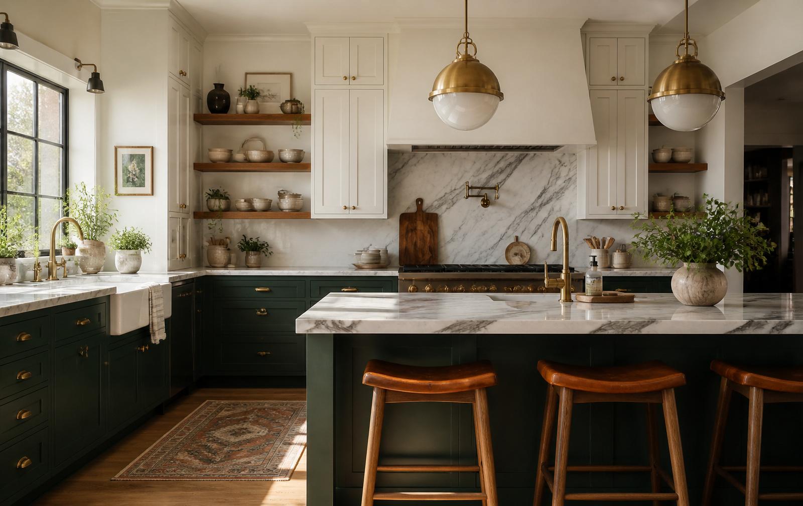 Two-tone kitchen: deep green cabinets with white uppers, marble and brass — Superb Painting