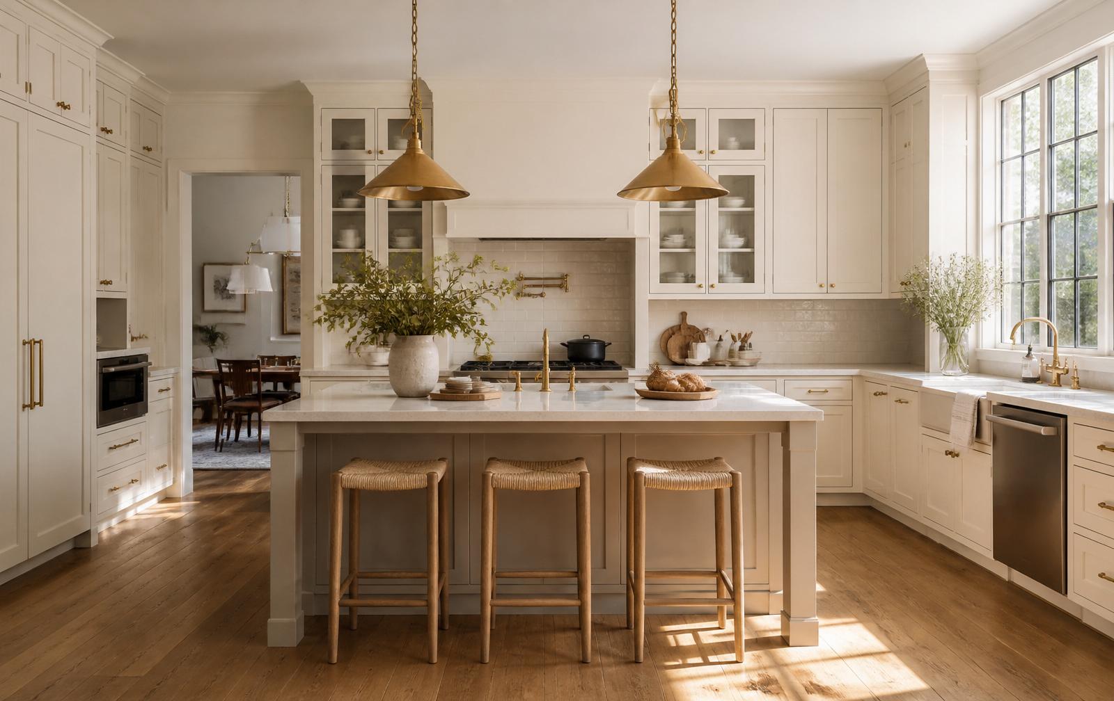Warm neutral kitchen with creamy off-white cabinets and oak floors — Superb Painting