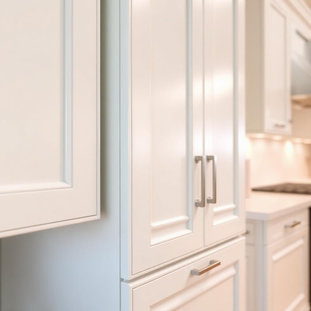 Close-up of freshly painted white kitchen cabinets with a smooth factory-quality satin finish and brushed nickel hardware