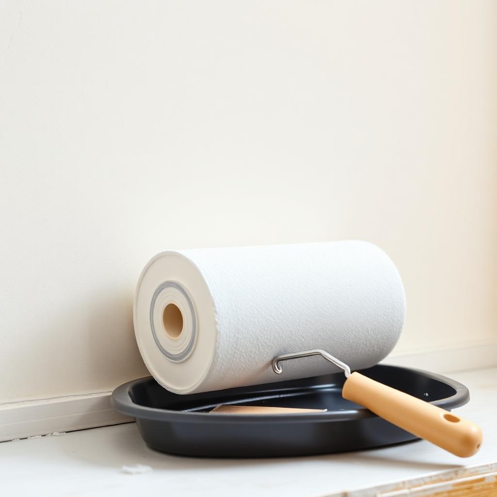 Paint roller sleeve loaded with fresh white interior paint resting on a paint tray next to a primed drywall wall