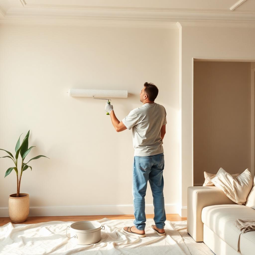 Professional painter rolling a smooth second coat of warm white paint onto an interior living room wall in an Omaha home